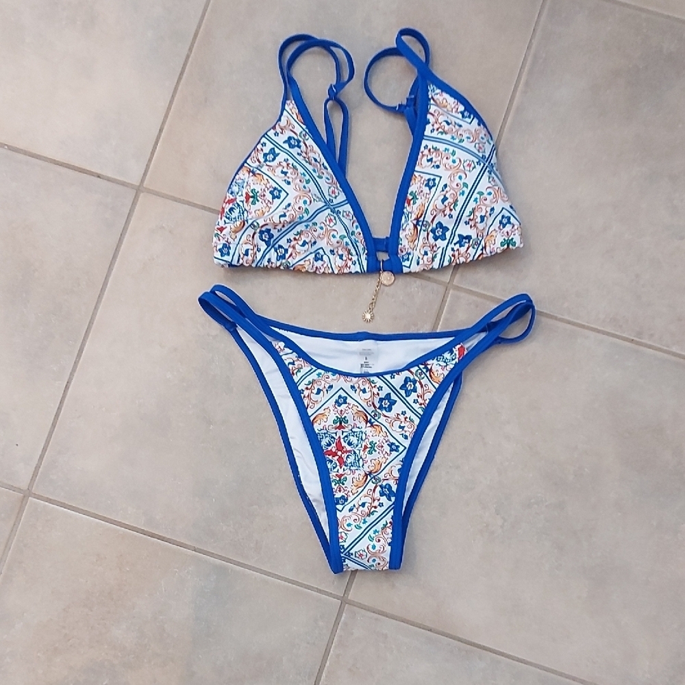 Vibrant Blue and White Patterned Bikini Set